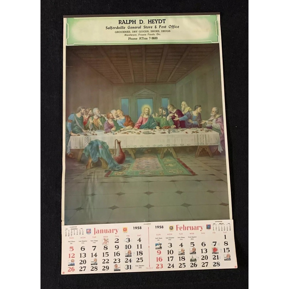 1958 Advertising Calendar SALFORDVILLE PA Last Supper HEYDT GENERAL STORE & POST